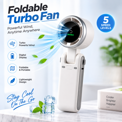 Foldable Powerful Winds Turbo Handheld Fan – 1800mAh Rechargeable Portable Mini Fan with 5 Speed Levels, 180° Foldable Design, Type-C Fast Charging & Lanyard